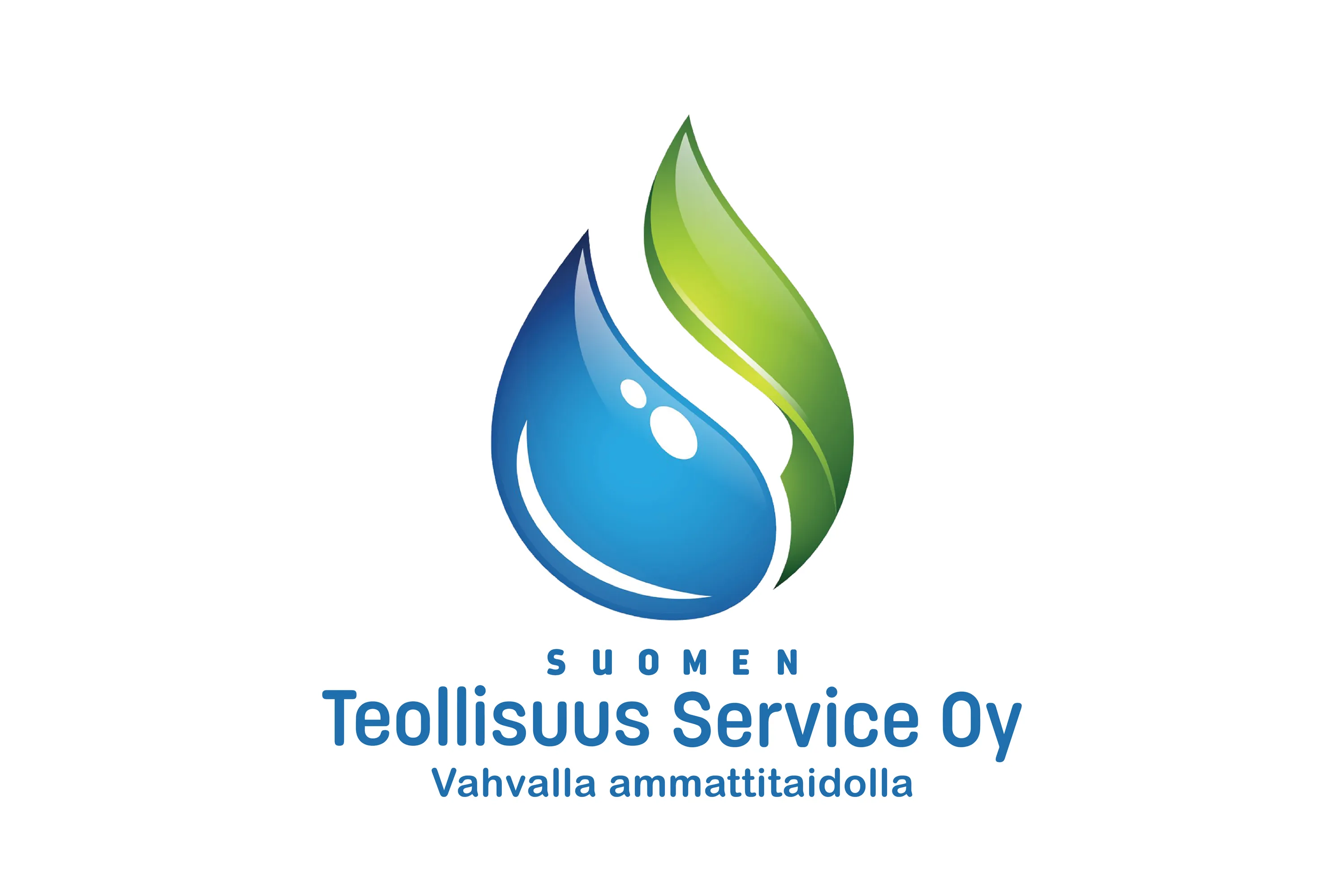 Abstrakti logo, jossa on sininen vesipisara ja vihreä lehti, jotka yhdessä muodostavat symbolin teollisuuden palveluille.